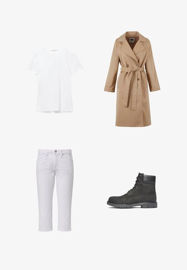 Beige shabby takki, jossa on kaksirivinen muotoilu, suuri kaulus, nauhavyö ja sivutaskut. Valmistettu sileästä, kevyestä kankaasta.; Valkoinen lyhythihainen t-paita, joka on valmistettu sileästä kankaasta, ja jossa on pyöreä pääntie sekä hillityt ompelutiedot helmassa.; Valkoiset farkkuleggarit, joissa on suora leikkaus, etutaskut, hopeinen napitus ja hienovaraiset ompeluyksityiskohdat.; Mustat nahka nilkkurit, joissa on pyöreä kärki, nauhakiinnitys edessä, pehmustettu kaulus ja teksturoitu kumiulkopohja. Sivulla on logo kohokuvioitu.