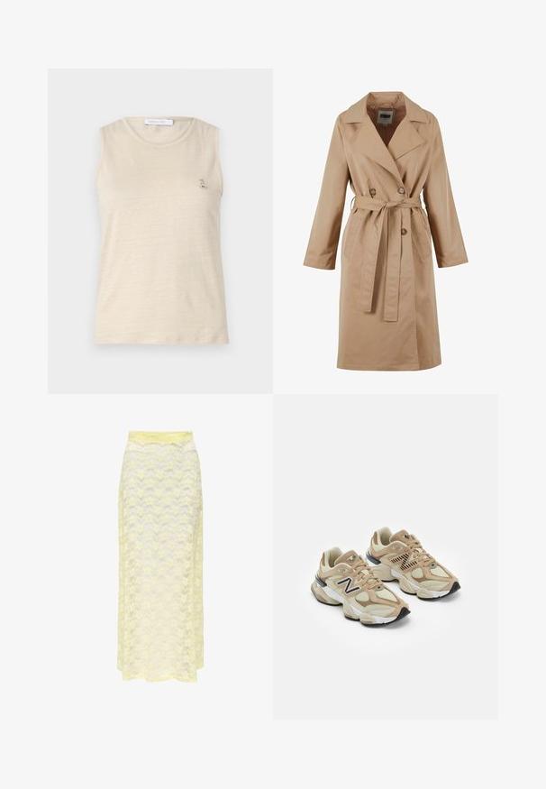 Beige színű trench coat, dupla gombolású dizájnnal, nagy gallérral, övvel és oldalsó zsebekkel. Simább, könnyű anyagból készült.; Beige ujjatlan felső, puha anyagból, kerek nyakkivágással és egy kis fém logóval a bal mellrészen.; Sárga csipkés maxi szoknya hullámos mintával, sima derékrésszel és puha, áttetsző textúrával. Áramló siluettet terveztek.; Beige sportcipők hálós és bőrszövet anyagból. Fekete logóval és texturált részletekkel rendelkezik. Vastag fehér középtalpa és fekete gumi talpa van.