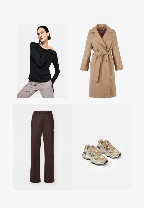 Beige trenchcoat met een dubbelgebreide ontwerp, grote kraag, strikceintuur en zijzakken. Gemaakt van een gladde, lichte stof.; Zwarte blouse met lange mouwen in zachte stof, met een ronde halslijn en een getailleerde pasvorm, gecombineerd met lichtgrijze broeken.; Bruine sportieve broek met een elastische tailleband, twee zijzakken en een klein logo aan de linkerzijde, gemaakt van een zachte stof.; Beige sneakers van mesh en nubuck materialen. Bevat een zwart logo en gegrandeerde accenten. Dikke witte tussenzool en zwarte rubberen buitenzool.