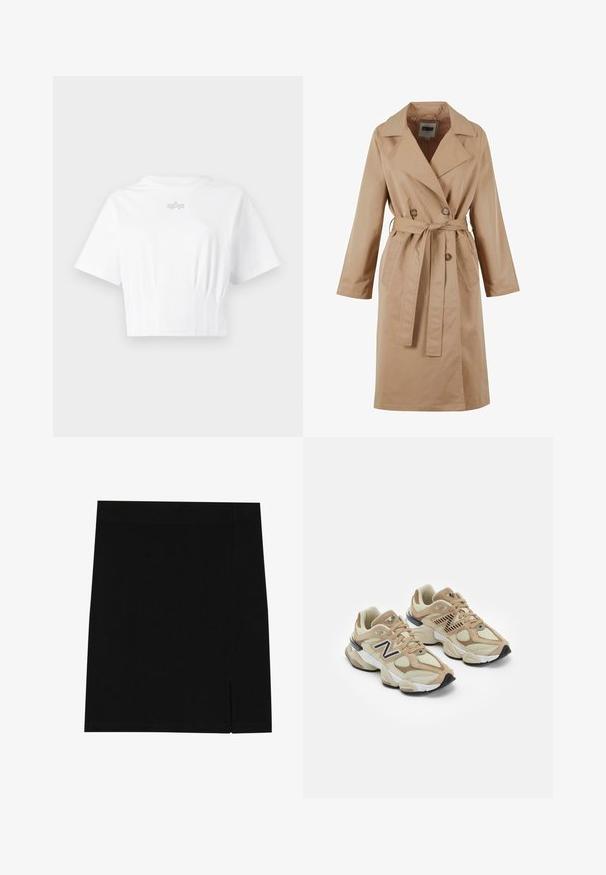 Bež long blazer s dvostrukim kopčanjem, velikim ovratnikom, remenom i bočnim džepovima. Izrađen od glatkog, laganog materijala.; Bijela skraćena majica s kratkim rukavima, izrađena od mekanog materijala, s okruglim izrezom i diskretnim srebrnim logotipom na prsima.; Crna mini suknja od mekog materijala s prilagođenim dizajnom, s malim prorezom sa strane za dodatni detalj.; Bež tenisice od mrežaste i antilop kože. Imaju crni logo i teksturirane detalje. Debeli bijeli međusloj i crna guma na potplatu.