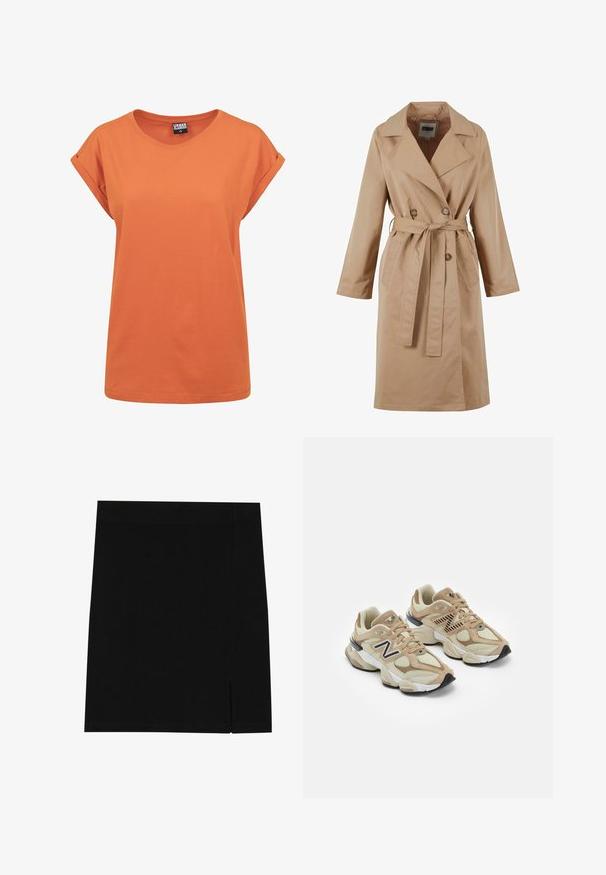 Beige shabby takki, jossa on kaksirivinen muotoilu, suuri kaulus, nauhavyö ja sivutaskut. Valmistettu sileästä, kevyestä kankaasta.; Oranssi puuvillapaita rentoa istuvuutta, pyöreä pääntie ja kierretyt lyhyet hihat. Yksinkertainen muotoilu ilman näkyviä kuvioita tai yksityiskohtia.; Mustat minihameet pehmeästä kankaasta, tiukka muotoilu, sivussa on pieni halkio lisäyksinä.; Beige lenkkarit, joissa on verkko- ja mokkanahkamateriaaleja. Varustettu mustalla logolla ja teksturoiduilla yksityiskohdilla. Paksu valkoinen välikeen ja musta kumipohja.