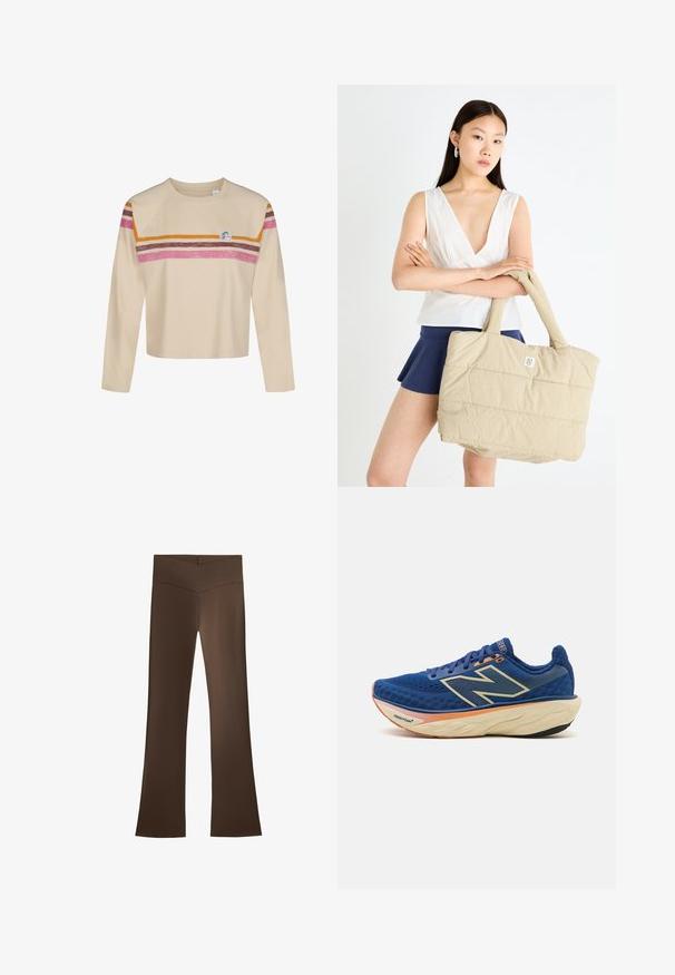 Beige trenčkot s dvojitým zapínaním, veľkým golierom, viazacím pásom a bočnými vreckami. Vyrobený z hladkej, ľahkej látky.; Béžový krátky rukáv s dlhými rukávmi a okrúhlym výstrihom, s vodorovnými ružovými, hnedými a oranžovými pruhmi cez hruď a horné rukávy a malým okrúhlym logom.; Hnedé rozšírené nohavice s vysokým pásom a krížovým dizajnom. Vyrobené z hladkého, elastického materiálu pre pohodlie a správne padnutie.; Modré bežecké topánky so priedušnou sieťovinou, polstrovaným krkom a tlmiacou podrážkou s oranžovým akcentom. Viditeľné logo "Fresh Foam".; Bežová prešívaná taška s podšívkou a pevným uchom, s malým logom na prednej strane. Model má na sebe biele tričko a námornícke sukňu.