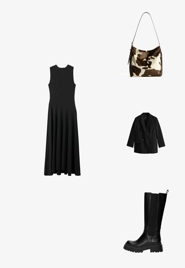 Black double-breasted blazer with notch lapels, two front pockets, and buttons. Smooth fabric with a tailored cut and long sleeves.; Black sleeveless maxi dress with a fitted bodice and flared skirt, featuring a smooth texture and minimalistic design, no visible fastenings.; Knee-high black leather boots with elastic side panels, sturdy rubber sole, and a chunky heel. Smooth texture with minimal stitching details.; Brown and cream cowhide shoulder bag with a smooth leather strap, zip closure, and a soft, textured surface featuring a natural pattern.