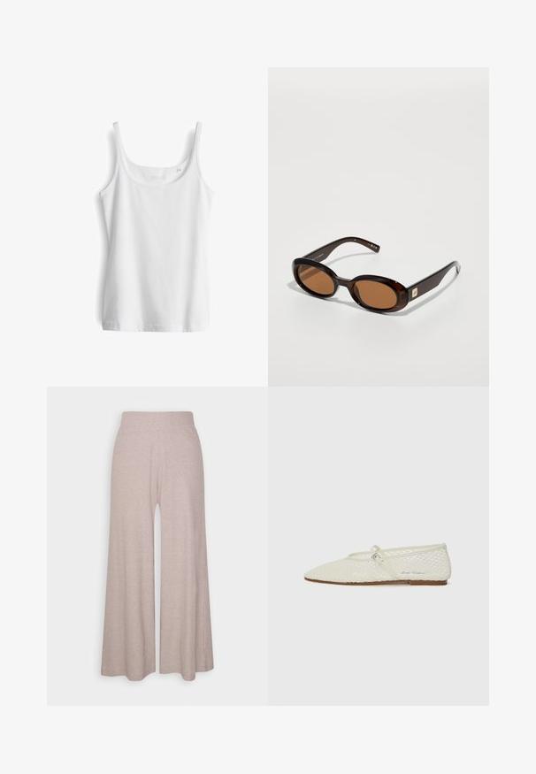 Brauner Blazer aus strukturiertem Stoff, mit einem einreihigen Verschluss, gekerbten Revers, zwei Fronttaschen und einer Brusttasche.; Weißes Trägershirt aus weichem Baumwollstoff. Verfügt über einen runden Halsausschnitt und einen geraden Saum ohne Verzierungen.; Hellgraue, weit geschnittene Hose aus weichem, geripptem Stoff, mit hohem Bund und langen Beinen, die eine subtile Textur aufweisen.; Cremefarbene Netz-Ballettschuhe mit spitzem Zehenbereich und verstellbarem Riemen. Verfügt über ein strukturiertes Obermaterial und eine flache, braune Sohle.; Braune Schildpatt-Sonnenbrille mit ovalen Gläsern, ausgestattet mit einem dünnen Rahmen und einem kleinen metallischen Akzent an der Seite. Texturierte und polierte Oberfläche.; Tasche aus braunem Wildleder mit zwei langen Griffen, rechteckiger Form und dekorativer Naht. Verfügt über einen seitlichen Riemen und subtile goldene Hardwareakzente.