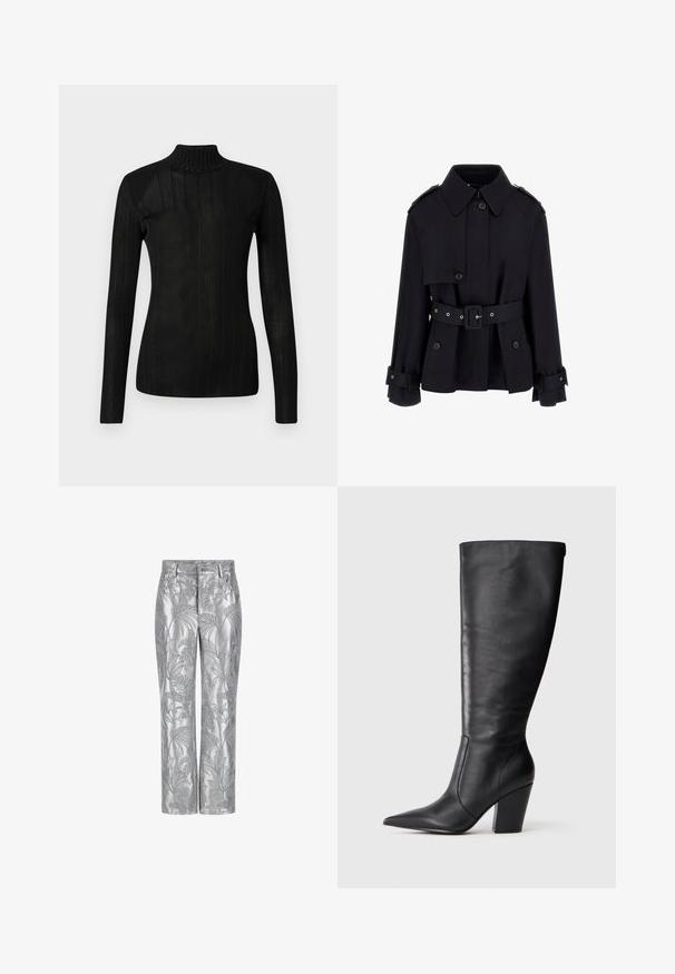 Čierny trenčkot s vysokým golierom, zapínaním na gombíky, opaskom v páse a preloženými detailmi na rukávoch. Vyrobený z hladkej, ľahkej látky.; Čierny rolák s dlhými rukávmi, rebrovanou textúrou, ľahkým pleteným materiálom a priliehavým strihom. Žiadne viditeľné logo alebo vzor.; Strieborné vyšívané nohavice s vzorom listov, rovný strih a hladká, lesklá textúra. Funkčné vrecká a zapínanie na gombík.; Čierna kožená čižma po kolená s špicatou špičkou a masívnym vysokým podpätkom, zobrazená v profilu zľava na bielom pozadí.