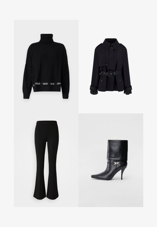 Musta trench-coat, jossa on korkea kaulus, nappikiinnitys etuosassa, vyöllinen vyötärö ja taittuvat hihansuut. Valmistettu sileästä, kevyestä kankaasta.; LIU JO Neule - nero; Mustat levenevät housut, jotka on valmistettu joustavasta materiaalista, jossa on sileä pinta. Housuissa on saumurivia etupuolella lisäsuunnittelua varten.; Musta nahkasaapas nilkkapituudella, teräväkärkinen, korkea stiletto-korko, käännettävä varsi ja kultainen koristeellinen solki nilkassa.