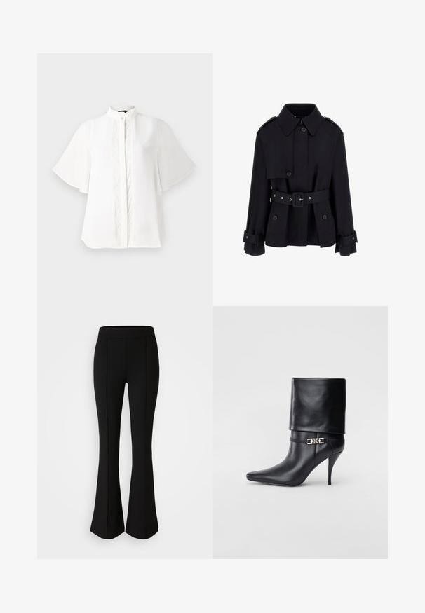 Cappotto lungo nero con colletto alto, chiusura a bottoni, vita regolabile con cintura e dettagli di polsini ripiegati. Realizzato in un tessuto liscio e leggero.; Blusa bianca con un colletto alto, maniche corte a volant e intricato ricamo verticale sulla parte anteriore. Tessuto morbido e leggero.; Pantaloni neri a zampa d'elefante realizzati in un materiale elastico con una texture liscia, caratterizzati da dettagli delle cuciture lungo la parte anteriore per un tocco di design in più.; Stivale ankle in pelle nera con punta affusolata, alto tacco a stiletto, risvolto sulla caviglia e un elegante dettaglio in oro con fibbia decorativa.