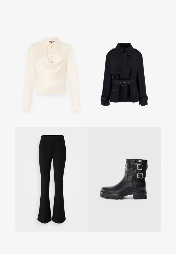 Fekete trench kabát magas gallérral, gombos elülső résszel, övvel ellátott derékkal és hajtott mandzsetta részletekkel. Simá, könnyű anyagból készült.; Hosszú ujjú, világos krémszínű blúz, galléros nyakkal, elől hat gömbölyű, aranysínű gombbal és redőzött anyag kialakítással.; Fekete, elasztikus anyagból készült, sima textúrájú, bővülő nadrág, elülső varrásokkal a dizájn fokozása érdekében.; Fekete bőr bokacsizma dupla csat díszítéssel, cipzáras záródással, vastag talppal és sima textúrával. Jellemzője a robusztus, divatos kialakítás.