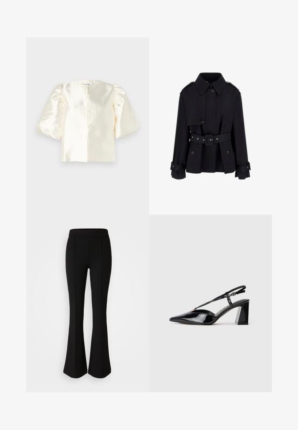 Musta trench-coat, jossa on korkea kaulus, nappikiinnitys etuosassa, vyöllinen vyötärö ja taittuvat hihansuut. Valmistettu sileästä, kevyestä kankaasta.; Ivory satin-paita, jossa on puffahtavat hihat, pyöreä pääntie ja suora takakiinnitys. Liukas pinta, jossa on minimalistinen muotoilu.; Mustat levenevät housut, jotka on valmistettu joustavasta materiaalista, jossa on sileä pinta. Housuissa on saumurivia etupuolella lisäsuunnittelua varten.; Musta patenttiliimainen slingback-korkokenkä, jossa on terävä kärki, säädettävä hihna ja paksu suorakulmainen korko.
