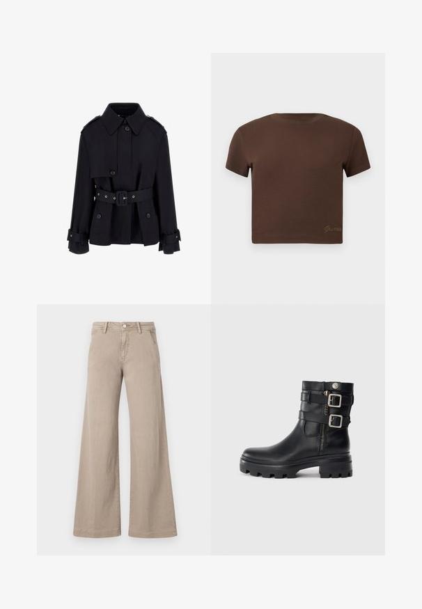Palton negru cu guler înalt, cu închidere butonată, talie accentuată cu brâu și detalii cu manșete pliate. Realizat dintr-un material fin și ușor.; Tricou scurt maro realizat din bumbac moale, cu mâneci scurte și decolteu rotund. Include un logo subtil "Guess" de culoare aurie în partea de jos.; Jeans bej cu picioare largi, confecționați din bumbac cu o textură fină, având închidere cu buton în față și un design standard cu cinci buzunare.; Boots negri din piele pentru glezne, cu accente duble de catarame, închidere cu fermoar, talpă groasă și textură netedă. Prezintă un design rugged și elegant.