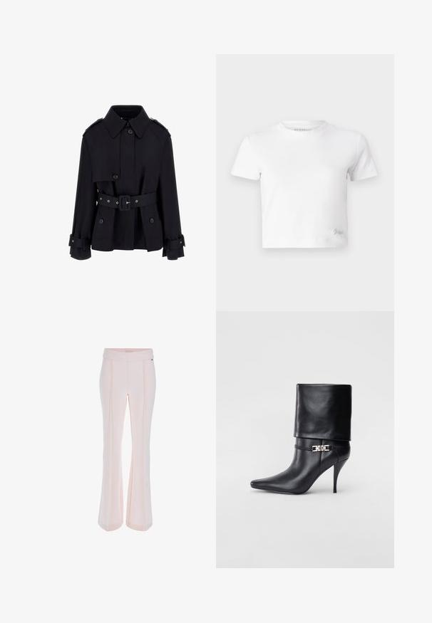 Schwarzer Trenchcoat mit hohem Kragen, geknöpfter Vorderseite, tailliertem Gürtel und gefalteten Ärmelbündchen. Gefertigt aus einem glatten, leichten Stoff.; Weißes, kurzes T-Shirt aus glattem Baumwoll-Stoff mit hohem Ausschnitt und kurzen Ärmeln. Kleines besticktes Logo in der unteren Ecke.; Hüftweite Hose aus leichtem rosa Stoff. Sie verfügt über einen breiten Bund, vertikale Nähte und eine glatte Textur. Maßgeschneidert für eine perfekte Passform.; Schwarze Leder-Ankle-Boots mit spitzer Zehenpartie, hohen Stiletto-Absätzen, umgeschlagenem Schaft und einem goldenen dekorativen Schnallen-Detail an der Knöchel.