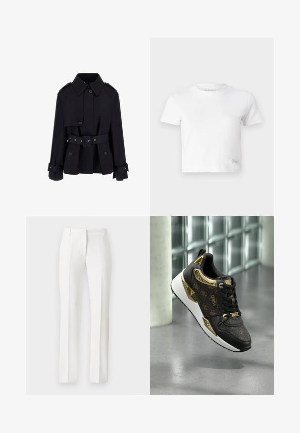 Black trench coat with a high collar, buttoned front, belted waist, and folded cuff details. Made of a smooth, lightweight fabric.; White cropped t-shirt made of smooth cotton, featuring a high neckline and short sleeves. Small embroidered logo in the bottom corner.; White tailored trousers with a straight leg, featuring a flat front, side pockets, and a smooth texture, made from lightweight fabric.; Black sneaker with golden accents, featuring a textured logo pattern, metallic detailing, and a cushioned white sole.