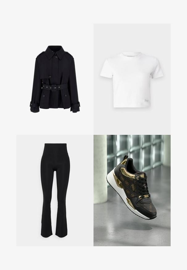 Svart trenchcoat med hög krage, knäppt framtill, bälte i midjan och vikta manschetter. Tillverkad av ett slätt, lätt tyg.; Vit kortärmad t-shirt i mjuk bomull, med hög hals och korta ärmar. Litet broderat logotyp i det nedre hörnet.; Svarta högmidjade flare leggings gjorda av elastisk väv, med en slät yta och en smal passform genom låren samt en lätt utsvängning vid fållen.; Svart sneakers med gyllene detaljer, featuring ett texturerat logomönster, metalliska inslag och en vadderad vit sula.