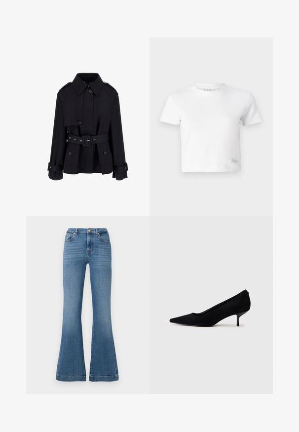 Sort trenchcoat med høj krave, knaplukning foran, bælte i taljen og foldede manchetter. Lavet af et glat, let materiale.; Hvid kortærmet t-shirt lavet af glat bomuld med høj hals og korte ærmer. Lille broderet logo i bunden af hjørnet.; Blå flagrende jeans lavet af denim, med høj talje, fem-lomme design og subtil falming, samt synlige syninger.; Sort ruskind højhælet sko med spids tå og en slank, lav hæl. Glat tekstur med et strømlinet design, uden synlig hardware.