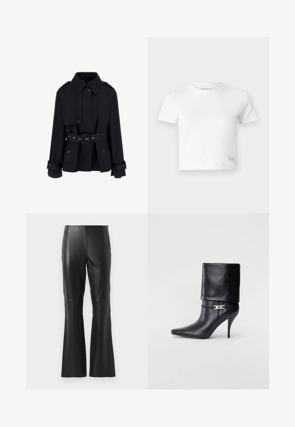 Manteau noir avec un col haut, une fermeture à boutons à l'avant, une taille ceinturée et des détails de poignet repliés. Fabriqué en tissu lisse et léger.; T-shirt blanc court en coton lisse, avec un col haut et des manches courtes. Petit logo brodé dans le coin inférieur.; Pantalons en faux cuir noirs taille haute avec jambes évasées et détails de couture à l'avant, présentés sur un fond blanc uni.; Bottine en cuir noir avec un bout pointu, un haut talon aiguille, un revers, et un détail décoratif en boucle dorée au niveau de la cheville.