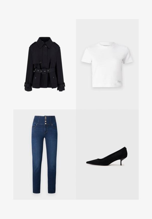 Trench coat negro con un alto collar, parte delantera con botones, cintura ceñida con cinturón y detalles de puños doblados. Fabricado en una tela suave y ligera.; Camiseta blanca corta hecha de algodón suave, con un cuello alto y mangas cortas. Pequeño logo bordado en la esquina inferior.; Jeans de mezclilla oscura de cintura alta con una forma ajustada, que presentan una cremallera con botones y cinco bolsillos. Textura suave con un ligero desvanecimiento.; Zapato de tacón alto de ante negro con punta afilada y un tacón delgado y bajo. Textura suave con un diseño elegante, sin hardware visible.