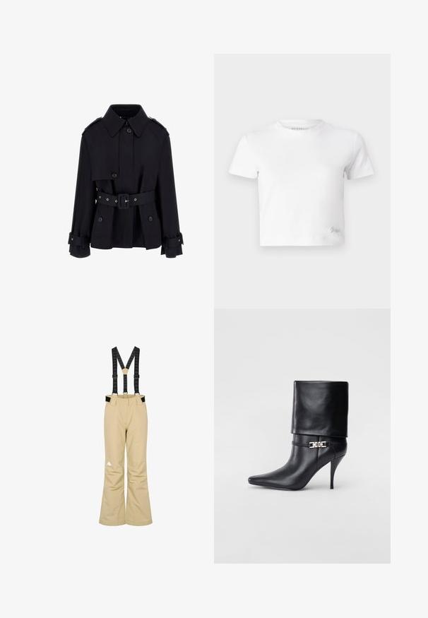 Svart trenchcoat med hög krage, knäppt framtill, bälte i midjan och vikta manschetter. Tillverkad av ett slätt, lätt tyg.; Vit kortärmad t-shirt i mjuk bomull, med hög hals och korta ärmar. Litet broderat logotyp i det nedre hörnet.; Beiga skidbyxor med svarta justerbara hängslen och en vit logo på den nedre vänstra benet, designade för vintersport.; Svart läderankelstövel med spetsig tå, hög stilettklack, vikbar mudd och ett dekorativt guldfärgat spänne på ankeln.