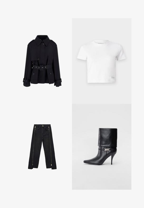 Palton negru cu guler înalt, cu închidere butonată, talie accentuată cu brâu și detalii cu manșete pliate. Realizat dintr-un material fin și ușor.; Tricou alb scurt, realizat din bumbac neted, cu gât înalt și mâneci scurte. Logo mic brodat în colțul de jos.; Jeans negri din denim cu un design dreaptă, având fermoare aurii pe laterale și buzunare standard la talie.; Botine negre din piele, cu vârf ascuțit, toc înalt și subțire, cu manșetă pliată și un detaliu decorativ cu cataramă aurie la gleznă.
