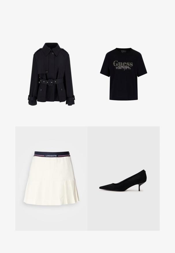 Sort trenchcoat med høj krave, knaplukning foran, bælte i taljen og foldede manchetter. Lavet af et glat, let materiale.; Sort bomulds T-shirt med rund halsudskæring og korte ærmer. Har et glitrende "Guess" logo og teksten "Established Nineteen Eighty One".; Hvid plisseret nederdel med en marineblå talje, der har et Lacoste-logo og røde detaljer. Lavet af et glat, blødt materiale.; Sort ruskind højhælet sko med spids tå og en slank, lav hæl. Glat tekstur med et strømlinet design, uden synlig hardware.