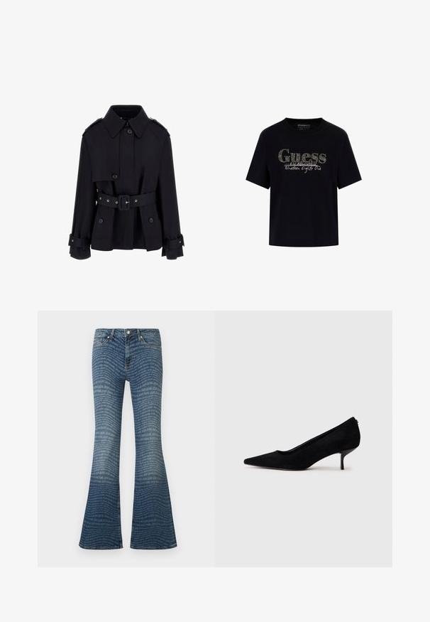 Palton negru cu guler înalt, cu închidere butonată, talie accentuată cu brâu și detalii cu manșete pliate. Realizat dintr-un material fin și ușor.; Tricou din bumbac negru cu guler rotund și mâneci scurte. Are un logo strălucitor "Guess" și textul "Înființat în 1981".; Jeans albastre evazați cu model repetat „JOOP! JEANS” pe întreaga suprafață și croială clasică cu cinci buzunare.; Pantofii cu toc înalt din suede negru, cu vârf ascuțit și un toc subțire, jos. Textură netedă, cu un design elegant, fără hardware vizibil.