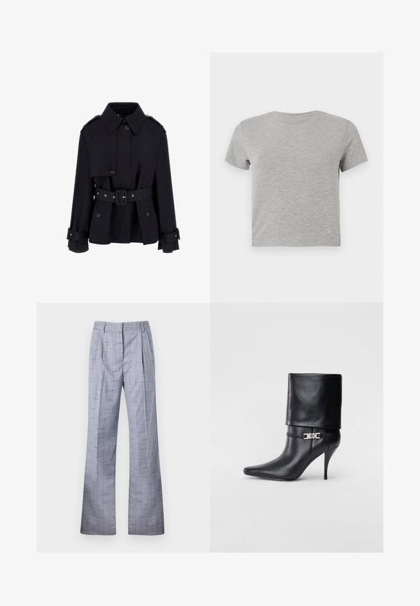 Crna trench kaput s visokim ovratnikom, dugmadi sprijeda, remenom u struku i detaljima na preklopima rukava. Izrađen od glatkog, laganog materijala.; Siva majica s kratkim rukavima od mekog materijala, s okruglim izrezom i delikatnim akcentnim logom u donjem desnom kutu.; Sive karirane hlače širokog kroja, s pleatovima i suptilnom teksturom. Izrađene od laganog materijala s krojem koji lijepo pristaje.; Crna kožna gležnjača s šiljastim prstom, visokim stiletto potplatom, preklopnim rubom i zlatnom dekorativnom kopčom na gležnju.