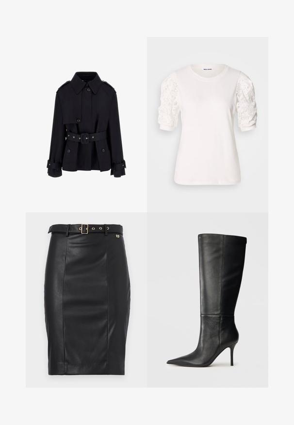 Čierny trenčkot s vysokým golierom, zapínaním na gombíky, opaskom v páse a preloženými detailmi na rukávoch. Vyrobený z hladkej, ľahkej látky.; Biela tričko s krátkymi, naberanými rukávmi z čipky. Okrúhly výstrih, jemná textúra a mierne voľný strih. Značková etiketa viditeľná vo vnútri.; Čierna kožená ceruzková sukňa s priliehavým strihom, prešitými detailami, opaskom so zlatou sponou a emblémom na páse.; Čierne kožené čižmy po kolená s špicatou špičkou a štíhlou stiletto podpisom, hladká textúra, bočný profil na neutrálnom pozadí.