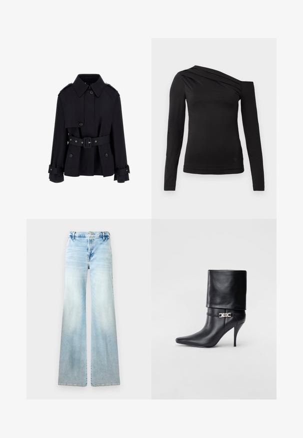 Juodas paltas su aukštu apykakle, sagčių priekiu, dirželiu talijoje ir sulankstytais rankogaliais. Pagamintas iš lygaus, lengvo audinio.; Juoda ilga rankovė viršūnė su asimetrine apykakle, parodanti vieną petį ir švelniai drapiruota per krūtinę.; Šviesiai mėlynos plačios džinsinės kelnės, pagamintos iš džinsinio audinio. Turi nudilusią apdailą, standartines kišenes ir mygtuko užsegimą liemens srityje.; Juodos odinės kulkšninių botų su smailiu nosiu, aukštu stiletto kulnu, apvyniojamu kraštu ir auksine dekoratyvine sagtimi prie kulkšnies.