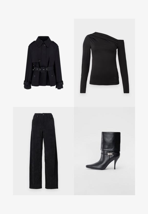 Črn plašč s visokim ovratnikom, z gumbi spredaj, pasom in zložljivimi manšeti. Narejen iz gladkega, lahkega blaga.; Črna dolga majica z dolgimi rokavi z asymetričnim izrezom, ki razkriva eno ramo in ima nežno padajočo draperijo čez prsi.; Črne široke žamete hlače z visokim pasom, ki imajo dve sprednji žep in subtilno vertikalno rebrasto teksturo.; Črne usnjene gležnjarje z ostrim nosom, visokim stiletto peto, zavihanim robom in zlatim okrasnim zaponko na gležnju.
