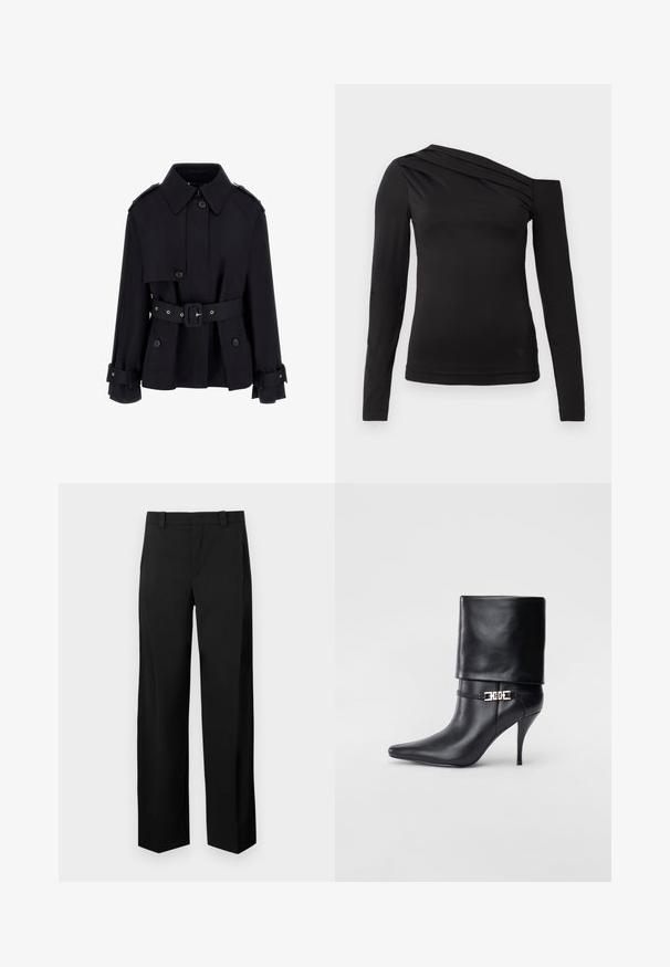 Black trench coat with a high collar, buttoned front, belted waist, and folded cuff details. Made of a smooth, lightweight fabric.; Black long-sleeve top with an asymmetrical neckline, featuring one shoulder exposed and gentle draping across the chest.; Black, wide-leg trousers made from a smooth, woven fabric. Features a flat front, belt loops, and side pockets for a tailored look.; Black leather ankle boot with a pointed toe, high stiletto heel, fold-over cuff, and a gold decorative buckle detail on the ankle.