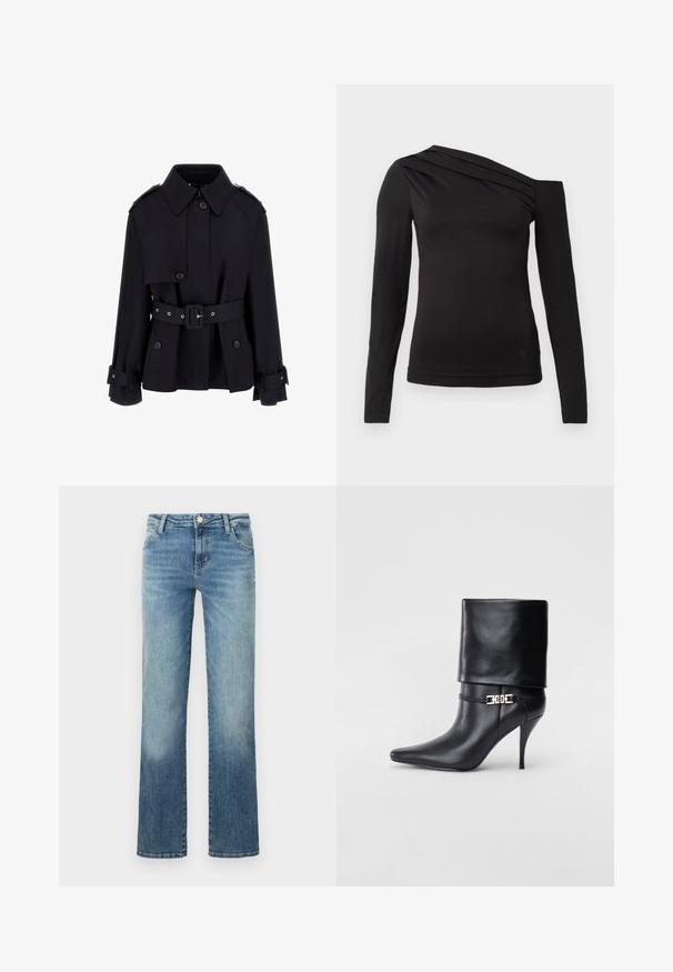 Cappotto lungo nero con colletto alto, chiusura a bottoni, vita regolabile con cintura e dettagli di polsini ripiegati. Realizzato in un tessuto liscio e leggero.; Top manica lunga nera con scollatura asimmetrica, caratterizzato da una spalla scoperta e delicate drappeggi sul petto.; Jeans dritti azzurri chiari in denim, con design a cinque tasche e chiusura a bottone, con una leggera scoloritura.; Stivale ankle in pelle nera con punta affusolata, alto tacco a stiletto, risvolto sulla caviglia e un elegante dettaglio in oro con fibbia decorativa.