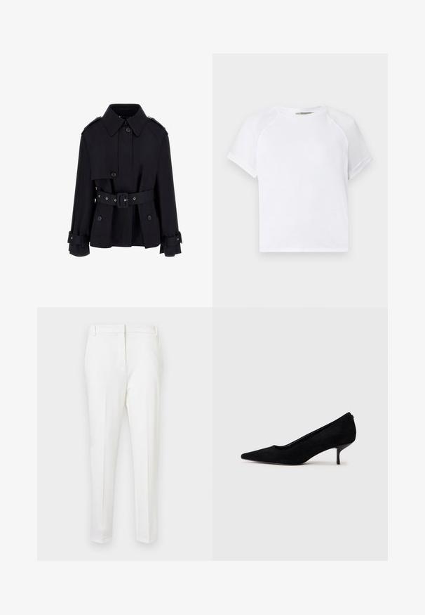 Fekete trench kabát magas gallérral, gombos elülső résszel, övvel ellátott derékkal és hajtott mandzsetta részletekkel. Simá, könnyű anyagból készült.; Fehér pamut póló kerek nyakkivágással, rövid raglán ujjal és lazább szabással. Sima textúrájú, látható minták vagy díszítések nélkül.; Fehér, testhez simuló nadrág, sima textúrával, lapos elülső résszel és övhurkokkal. Nincsenek látható zsebek vagy kiemelkedő fémpántok.; Fekete velúr magassarkú cipő hegyes orral és vékony, alacsony sarokkal. Simább textúrájú, letisztult dizájn, amelyen nincsenek látható fém alkatrészek.