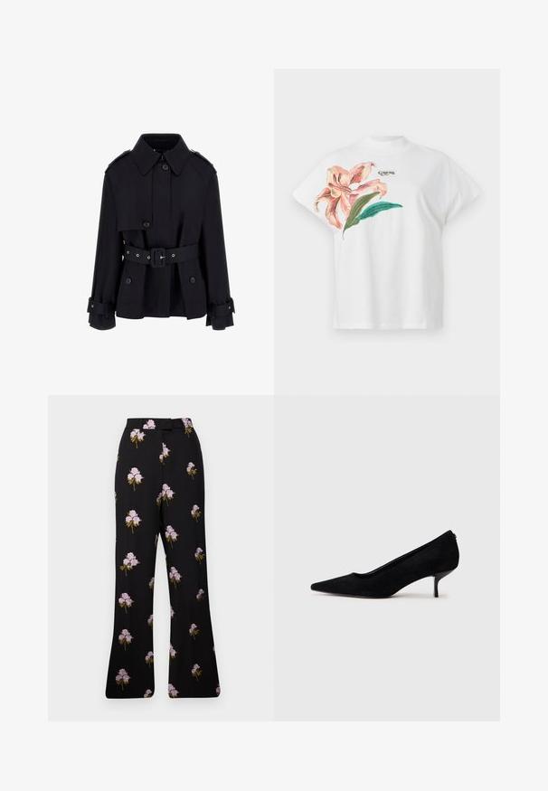Sort trenchcoat med høj krave, knaplukning foran, bælte i taljen og foldede manchetter. Lavet af et glat, let materiale.; Hvid bomulds T-shirt med korte ærmer, prydet med et pink blomsterdesign og grønne blade på venstre side. "Guess" logo i grå over designet.; Sorte blomsterbukser med lilla blomsterbroderi, tapered design, brede ben og en detaljeret talje. Blødt stof med en glat tekstur.; Sort ruskind højhælet sko med spids tå og en slank, lav hæl. Glat tekstur med et strømlinet design, uden synlig hardware.