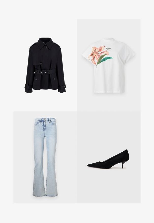 Manteau noir avec un col haut, une fermeture à boutons à l'avant, une taille ceinturée et des détails de poignet repliés. Fabriqué en tissu lisse et léger.; T-shirt en coton blanc à manches courtes, avec un motif floral rose et des feuilles vertes sur le côté gauche. Logo "Guess" en gris au-dessus du motif.; Jean flare bleu clair en denim, avec une taille haute, un design à cinq poches et un léger effet dégradé le long des coutures avant et arrière.; Chaussure à talon haut en suede noir avec un bout pointu et un talon fin et bas. Texture lisse avec un design épuré, sans matériel visible.