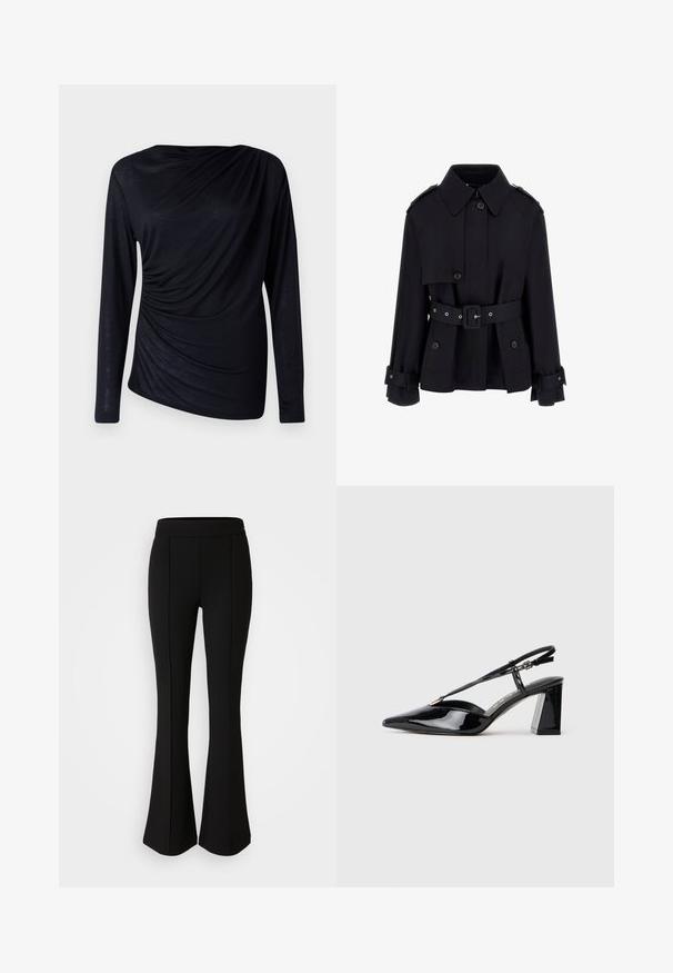 Fekete trench kabát magas gallérral, gombos elülső résszel, övvel ellátott derékkal és hajtott mandzsetta részletekkel. Simá, könnyű anyagból készült.; Fekete, hosszú ujjú felső, könnyű anyagból készült, fodros kialakítással, bal oldalon ráncolt részletekkel.; Fekete, elasztikus anyagból készült, sima textúrájú, bővülő nadrág, elülső varrásokkal a dizájn fokozása érdekében.; Fekete lakk bőrből készült slingback magas sarkú cipők hegyes orral, állítható pánttal és vastag téglalap alakú sarokkal.