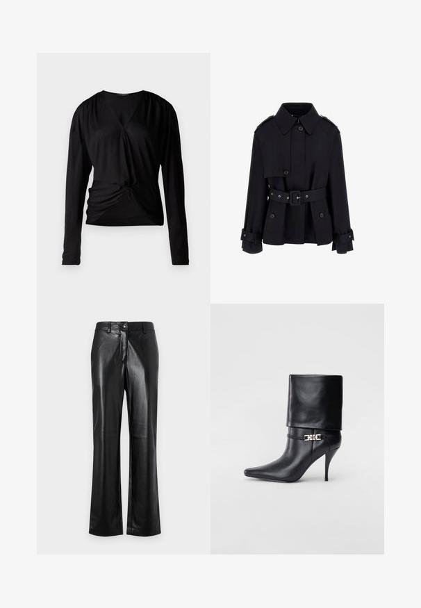 Svart trenchcoat med hög krage, knäppt framtill, bälte i midjan och vikta manschetter. Tillverkad av ett slätt, lätt tyg.; Svart långärmad topp med V-ringning, rynkade axlar och knutdetalj fram; tillverkad av ett mjukt, lätt tyg.; Svarta läderbyxor med rak bendesign, som har en framknäppning, bälteshällor och en slät, polerad yta.; Svart läderankelstövel med spetsig tå, hög stilettklack, vikbar mudd och ett dekorativt guldfärgat spänne på ankeln.