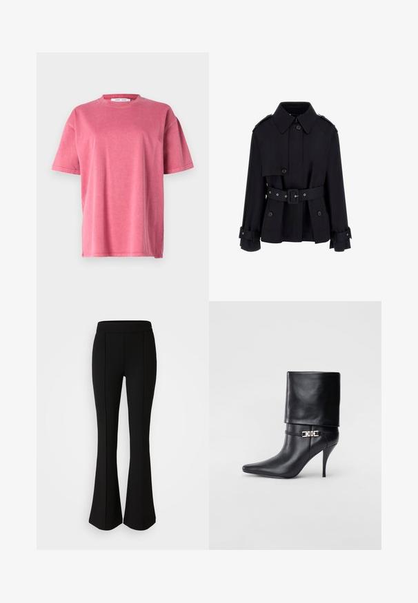 Crna trench kaput s visokim ovratnikom, dugmadi sprijeda, remenom u struku i detaljima na preklopima rukava. Izrađen od glatkog, laganog materijala.; Majica s kratkim rukavima, over-size kroja, od izblijedjele ružičaste pamučne tkanine, s okruglim izrezom, opuštenim fitom i suptilnim detaljima šavova duž rubova.; Crne raširene hlače izrađene od rastezljivog materijala s glatkom teksturom, s detaljima šava uz prednju stranu koji dodaju dizajnerski efekt.; Crna kožna gležnjača s šiljastim prstom, visokim stiletto potplatom, preklopnim rubom i zlatnom dekorativnom kopčom na gležnju.