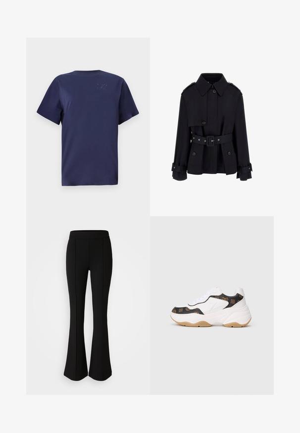 Must mustrükk, millel on kõrge krae, nööpidega esiosa, vöökoht, mis on vöödiga, ja volditud varrukate detailid. Valmistatud siledast, kergest kangast.; Tumed sinine lühikeste varrukatega T-särk, mis on valmistatud pehmest puuvillast. Särgil on ümmargune kaelus ja vasakul rinnal kätke logo detail.; Mustad flared püksid, mis on valmistatud elastsetest materjalidest, millel on sile tekstuur. Ees on õmbluste detailid, mis lisavad disaini.; Valged suured tossud mustade ja pruunide mustritega tugevate aktsentidega, paks beež tald ja valged paelad, esitatud lihtsalt heledal taustal.