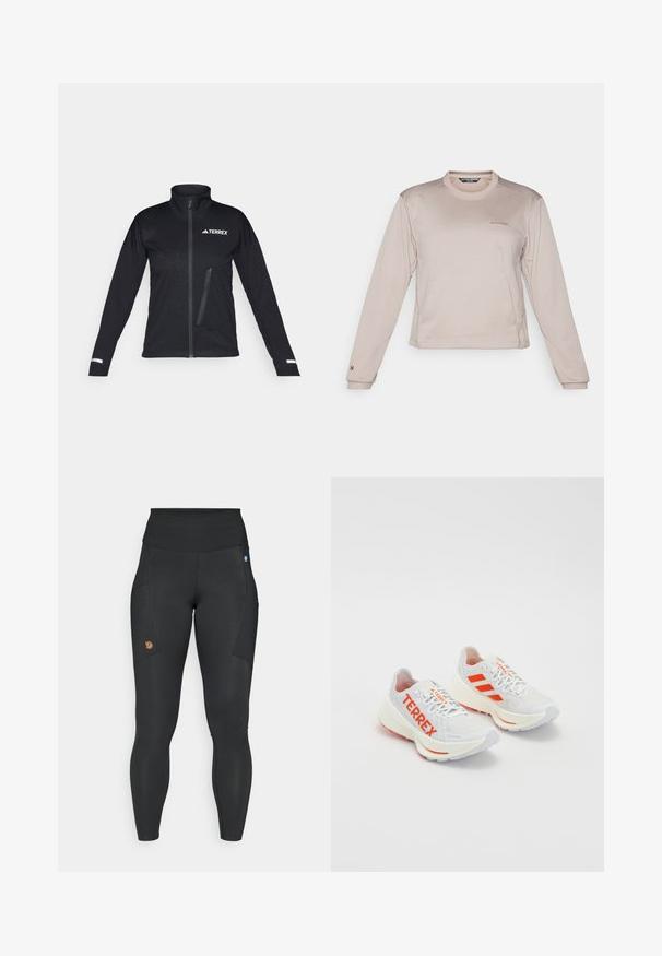Jachetă neagră din material softshell, cu guler înalt, fermoar în față, buzunar lateral, model texturat pe țesătură și accente reflective pe mâneci.; Cămașă sport cu mânecă lungă, de culoare bej deschis, confecționată dintr-un material texturat și respirabil, cu guler rotund și un logo subtil pe piept.; Leggings negre din material elastic, cu talie înaltă, buzunare pe lateral și o mică etichetă logo maro pe coapsa stângă.; Pantofi de alergare albi cu accente portocalii. Material din plasă, vârf rotunjit și talpă intermediară groasă. "TERREX" imprimat pe partea laterală și trei dungi pe călcâi.