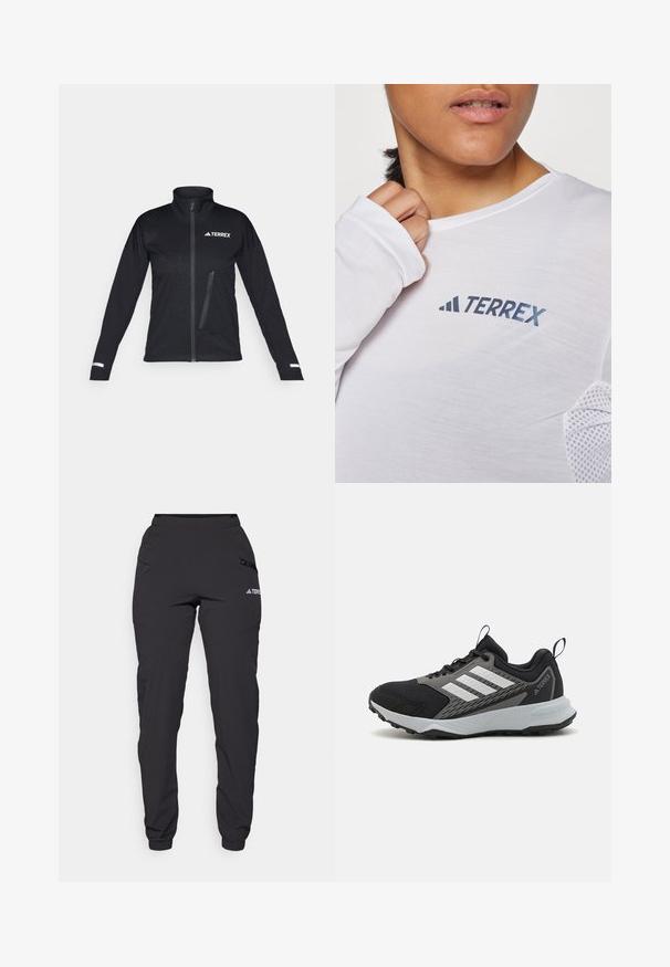 Svart softshell-jakke med høy krage, glidelås foran, sidelomme, strukturert mønster på stoffet og reflekterende detaljer på ermene.; Hvit langermet skjorte med en blå "TERREX"-logo. Stoffet er lett med teksturerte mesh-detaljer på skuldrene.; Svart vanntette bukser med elastisk midje, glidelåslommer på sidene, avsmalnende ben og ribbede mansjetter ved anklene. Har logo-detaljer.; Svart sportssko med grå detaljer, som har en teksturert mesh overdel, tre hvite striper og en gummiyttersåle for godt grep.