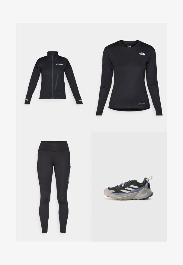 Schwarze Softshelljacke mit hohem Kragen, Reißverschluss vorne, seitlicher Tasche, strukturiertem Muster im Stoff und reflektierenden Akzenten an den Ärmeln.; The North Face SHADOW LONG SLEEVE - Langarmshirt - black; Schwarze Leggings aus dehnbarem Material mit hoher Taille, seitlichen Taschen und kontrastierendem weißen Branding am linken Bein.; Schwarzer Sportschuh mit Gore-Tex-Obermaterial, weißen Streifen, lila Akzenten, dicker grauer Zwischensohle und strukturiertem grauen Außensohle für besseren Halt.