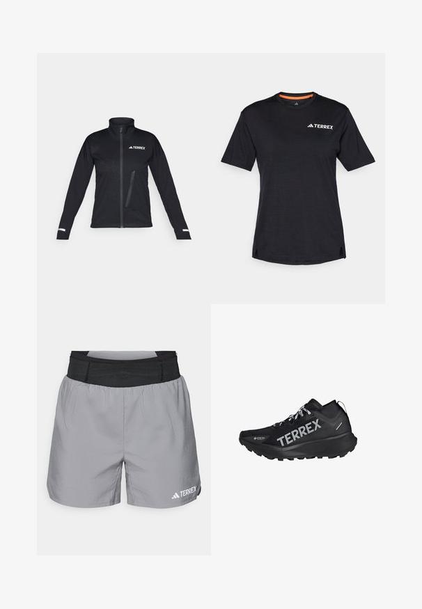 Giacca softshell nera con colletto alto, frontale con zip, tasca laterale, motivo testurizzato sul tessuto e dettagli riflettenti sulle maniche.; T-shirt nero a maniche corte con scollo rotondo, caratterizzato da una leggera texture mélange e dal logo bianco "TERREX" sul lato superiore sinistro.; Pantaloni sportivi grigi con vita elastica nera, materiale leggero, vestibilità rilassata e accento del logo bianco sul lato destro in basso.; Scarpa sportiva nera con tomaia testurizzata, dotata di marchio "TERREX", chiusura con lacci e suola robusta per trazione.
