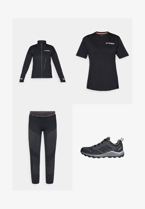 Zwarte softshell jack met hoge kraag, ritssluiting aan de voorkant, zijzak, textuurpatroon op de stof en reflecterende accenten op de mouwen.; Zwarte T-shirt met korte mouwen en ronde hals, met een subtiele heatherstructuur en een wit "TERREX" logo aan de bovenlinkerkant.; Dynafit SPEED DRYARN W TIGHTS - Tights - black out; Zwarte sport schoenen met grijze accenten, bovenzijde van synthetisch mesh, gevoerde zool, vetersysteem en gestructureerde buitenzool voor grip.