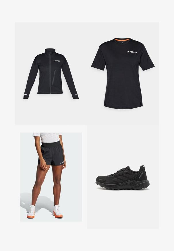 Čierna softshellová bunda s vysokým golierom, zipsom vpredu, bočnými vreckami, textúrovaným vzorom na látke a reflexnými akcentmi na rukávoch.; Čierne tričko s krátkym rukávom a okrúhlym výstrihom, s jemnou melírovanou textúrou a bielym logom "TERREX" na hornej ľavej strane.; Čierne atletické šortky so širokým pásom, na ktorých je text "TERREX" a logo Adidas. Spárované s bielymi topánkami s oranžovými akcentmi.; Čierne športové tenisky s textúrovaným syntetickým zvrškom, šnurovaním, hrubou gumovou podrážkou a diskrétnymi logovými akcentmi na boku a päte.