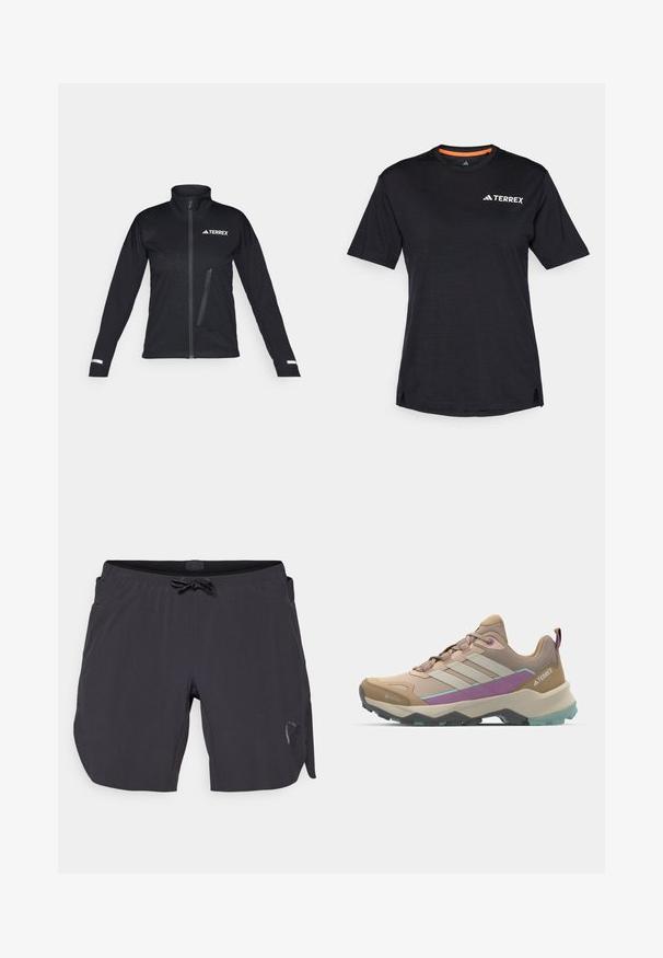 Sort softshell-jakke med høj krave, lynlåslukning foran, sidelomme, struktureret mønster på stoffet og reflekterende detaljer på ærmerne.; Sort kortærmet T-shirt med rund halsudskæring, der har en subtil meleret tekstur og hvid "TERREX"-logo på den øverste venstre side.; Sorte svømmerbuksershorts med elastisk talje og snøring, med sidelommer og en diskret logo-detalje på venstre ben.; Lysbrune udendørs sko med en mesh-overdel, lilla og teal accenter, forstærket tåhætte og struktureret gummisål for godt greb.