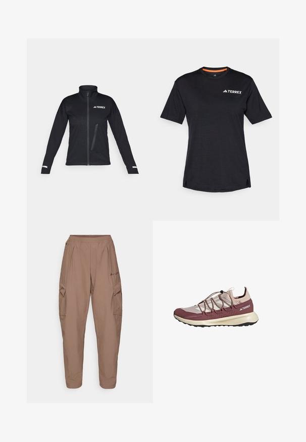 Svart softshell-jakke med høy krage, glidelås foran, sidelomme, strukturert mønster på stoffet og reflekterende detaljer på ermene.; Svart T-skjorte med kort erme og rund hals, med en subtil melert tekstur og hvit "TERREX" logo på øverste venstre side.; Brune cargo bukser med elastisk talje, to sidelommer og et tekstureret stof. Har logo broderi på forsiden.; Bordeaux- og beige sportsko med nettøverdel, elastiske skoress, og en teksturert såle, med lav profil og polstret mellomsåle.