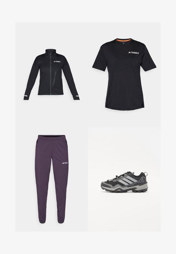 Fekete softshell dzseki magas gallérral, cipzáras elülső résszel, oldalsó zsebbel, textúrált mintázattal az anyagon és fényvisszaverő díszítéssel a ujjain.; Fekete, rövid ujjú póló kerek nyakkivágással, finom melírozott textúrával, a bal felső sarokban fehér "TERREX" logóval.; Lila sportnadrág, beszűkített lábakkal, elasztikus derékkal, oldalsó zsebekkel és fehér "TERREX" logóval. Könnyű, texturált anyagból készült.; Fekete és szürke túracipő, texturált felülettel, gumitalppal és három kiemelkedő szürke csíkkal az oldalon; gyorsfűző rendszerrel rendelkezik.