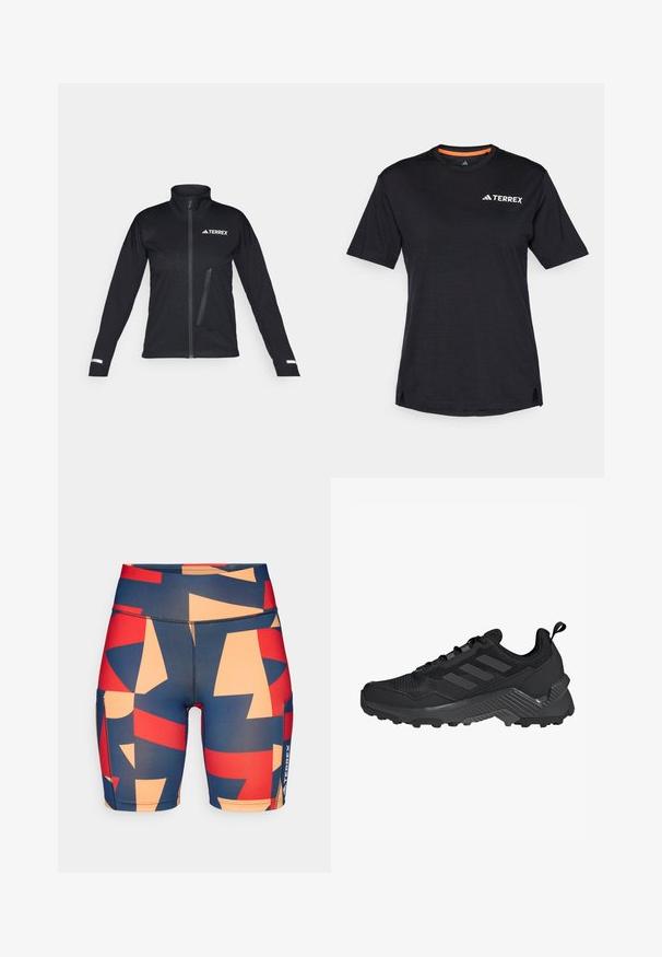 Črna mehka jakna s visoko ovratnico, z zadrgo spredaj, stranskima žepoma, teksturiranim vzorcem na blagu in odsevnimi detajli na rokavih.; Črna kratkosleča majica s krocnim ovratnikom, ki ima subtilno heather teksturo in belo "TERREX" logo na zgornji levi strani.; Barvni kratki hlače z vzorcem, ki prikazujejo abstraktne oblike v mornarsko modri, rdeči in breskev barvi. Narejene so iz raztegljive tkanine z gladko teksturo.; Črne športne copate z mrežasto zgornjimi deli, tridelnim dizajnom, oblikovanim petnim delom in trdim podplatom z izrazitimi grbi za oprijem.