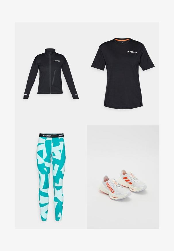 Musthave pehmeast materjalist must jakks, millel on kõrge krae, lukuga eesmine osa, küljetaskud, tekstuuriga muster kangast ja peegeldavad aktsendid varrukatel.; Must t-särk lühikeste varrukatega, ümmarguse kaelusega, millel on peen heather struktuur ja valge "TERREX" logo vasakul ülanurgas.; Türkiissinised legginsid, millel on abstraktsed valged ja tealiksinised geomeetrilised mustrid. Valmistatud venivast materjalist, musta TERREX logo vöökoha tõttu.; Valged jooksujalatsid oranžide aktsentidega. Võrgumaterjal, ümar varvas ja paks vahevaip. "TERREX" on trükitud külg poole ja kolm triipu kannal.