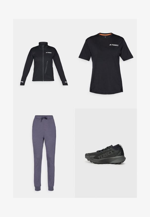 Schwarze Softshelljacke mit hohem Kragen, Reißverschluss vorne, seitlicher Tasche, strukturiertem Muster im Stoff und reflektierenden Akzenten an den Ärmeln.; Schwarzes Kurzarm-T-Shirt mit Rundhalsausschnitt, das eine dezente melierte Textur aufweist und ein weißes "TERREX"-Logo auf der oberen linken Seite hat.; Graue Jogginghosen mit einem elastischen Bund, Kordelzug und gerippten Bündchen. Hergestellt aus einem weichen Stoff mit glatter Textur.; Schwarzer Terrex Laufschuh mit strukturierter Oberseite, steifer Sohle und auffälliger Markenkennzeichnung. Verfügt über eine gepolsterte Ferse für Unterstützung und Traktion.