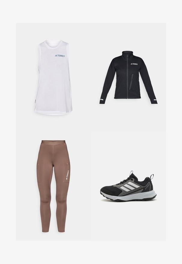 Μαύρο σακάκι softshell με ψηλό γιακά, φερμουάρ μπροστά, πλαϊνές τσέπες, υφή στο ύφασμα και ανακλαστικές λεπτομέρειες στα μανίκια.; Λευκό αθλητικό τοπ χωρίς μανίκια με στρογγυλή λαιμόκοψη και αντίθετο μπλε λογότυπο "TERREX", κατασκευασμένο από ελαφρύ, αναπνεύσιμο υλικό.; Καφέ αθλητικά κολάν με λεία υφή, ψηλή μέση και δύο πλαϊνές τσέπες. Σημαντική σήμανση σε λευκό χρώμα στο δεξί πόδι.; Μαύρο αθλητικό παπούτσι με γκρίζες λεπτομέρειες, διαθέτει υφασμάτινη κατασκευή με υφή, τρεις λευκές ρίγες και καουτσούκ εξωτερική σόλα για πρόσφυση.